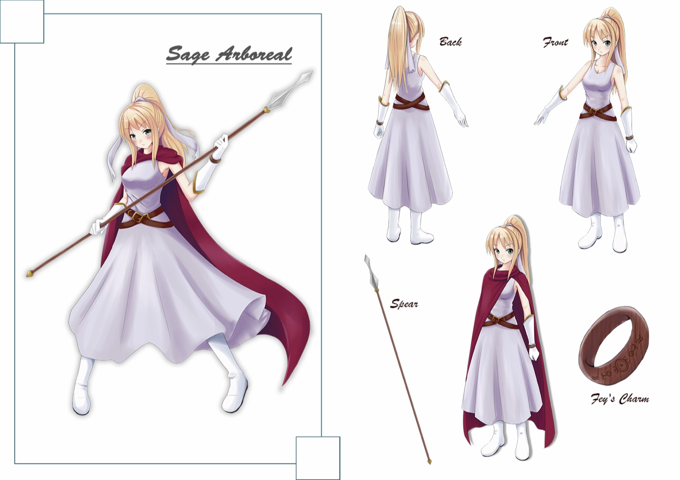 Character sheet for Sage Arboreal with her spear and Fey's Charm